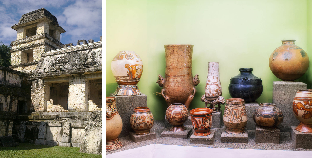 Fachada precolombina de Palenque en Chiapas, jarrones y vasijas de barro usadas como decoración de interiores en la época precolombina.