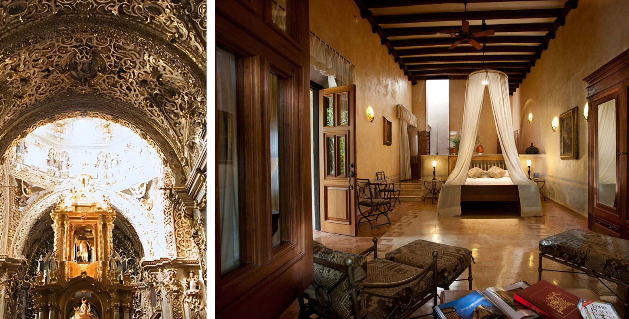 Interior de una iglesia con elementos decorativos propios del colonialismo. Dormitorio decorado al estilo colonial con uso de maderas, textiles locales y hierro forjado.